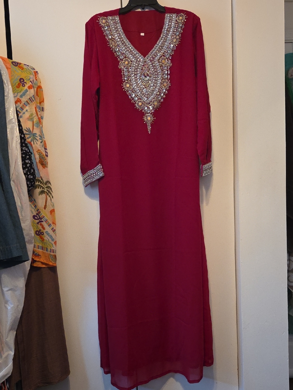 Beaded V-Neck Red Maxi Dress (Galabia) with Long Sleeves